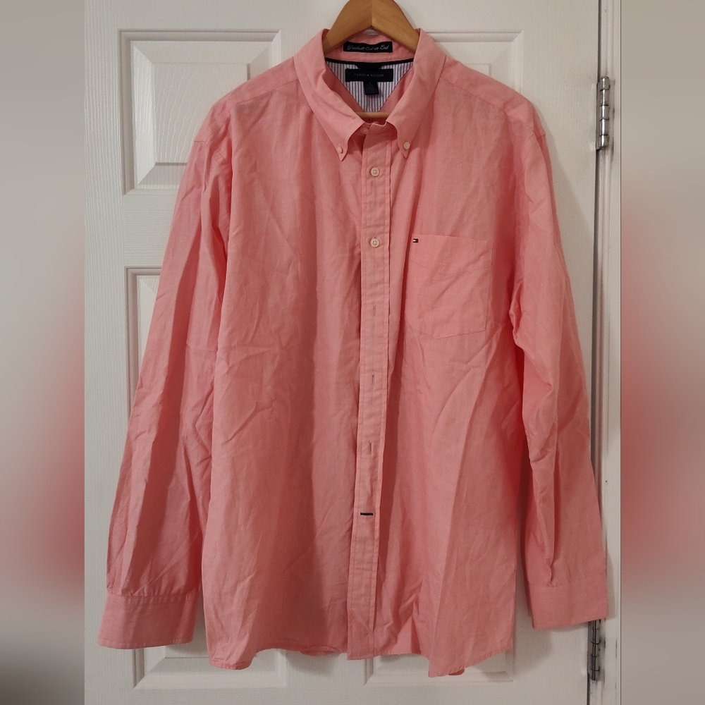 Tommy Hilfiger Shirt Men's Pink Button Down Up Long Sleeve Dress Classic Size XL